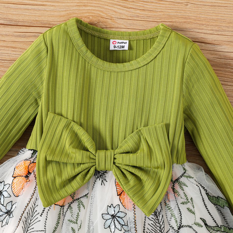 Baby Girl Green Rib Knit Bow Front Long-sleeve Spliced Floral Embroidered Mesh Dress Green big image 3