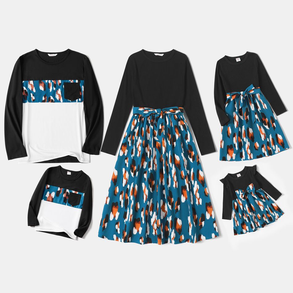 Family Matching Solid Rib Knit Spliced Floral Print Belted Dresses and Long-sleeve Colorblock T-shirts Sets Blue