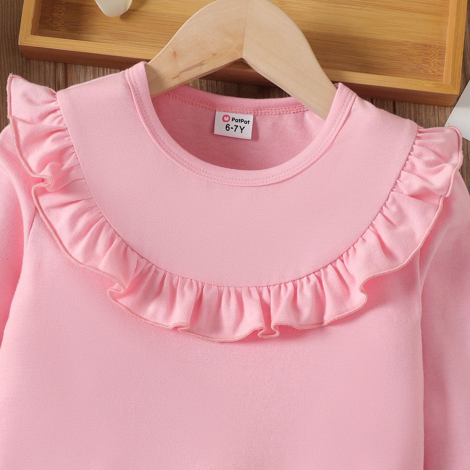 Kid Girl Solid Color Ruffled Long-sleeve Tee Pink big image 2
