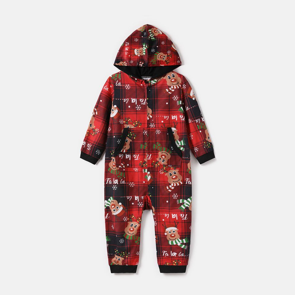 Christmas Family Matching Allover Deer & Letter Print Plaid Long-sleeve Zipper Hooded Onesies Pajamas (Flame Resistant) Red big image 8