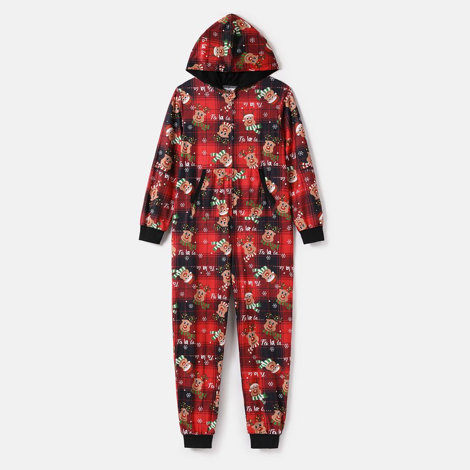 Christmas Family Matching Allover Deer & Letter Print Plaid Long-sleeve Zipper Hooded Onesies Pajamas (Flame Resistant) Red big image 2