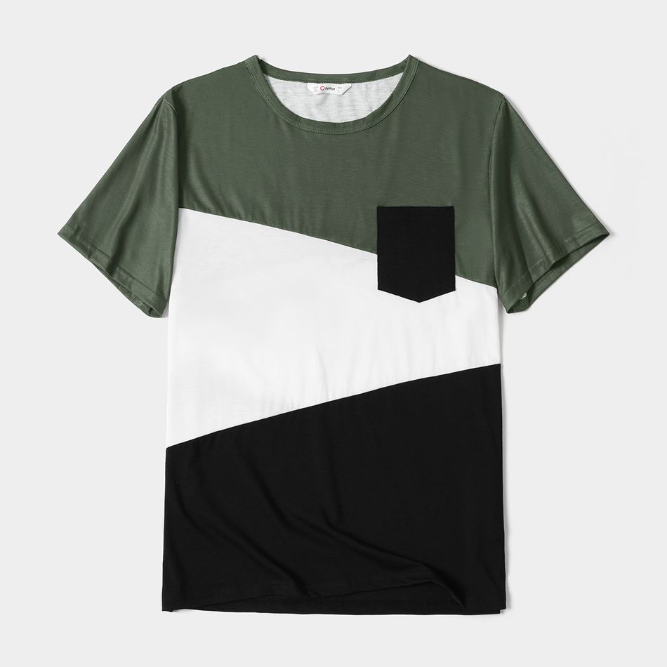 Family Matching Army Green Swiss Dots Cross Wrap V Neck Short-sleeve Dresses and Color Block T-shirts Sets Army green big image 7