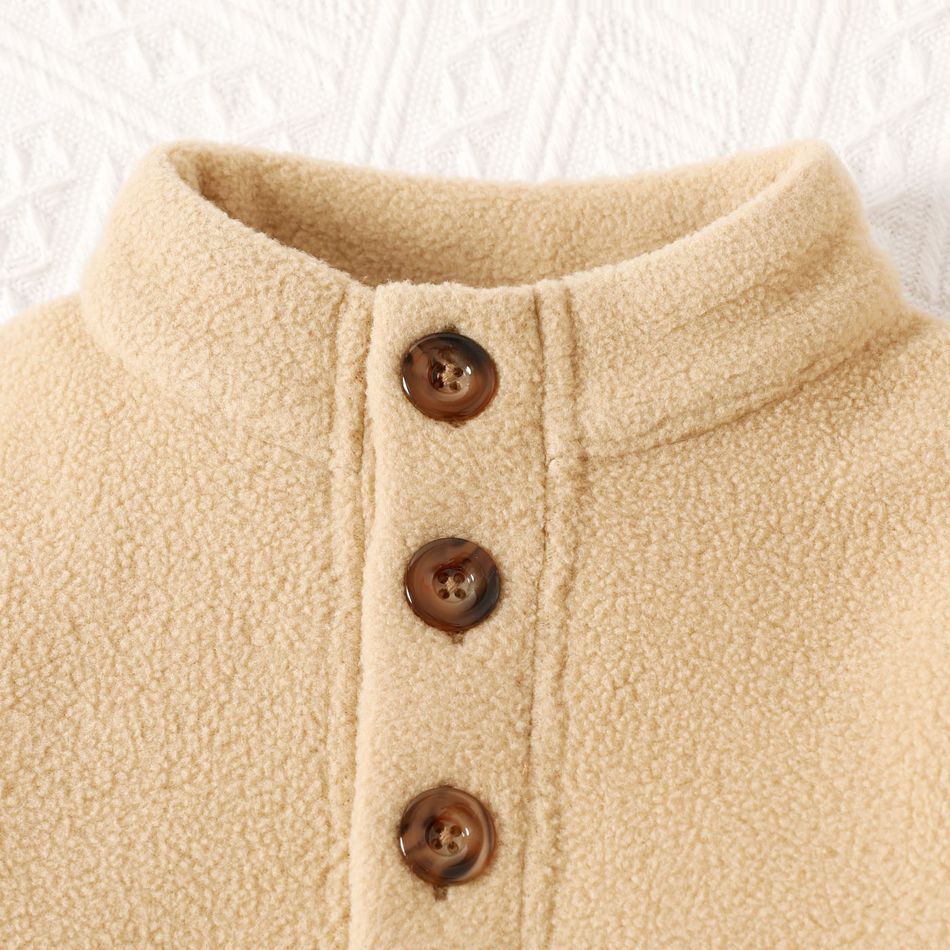 2pcs Baby Boy Khaki Thermal Polar Fleece Spliced Long-sleeve Button Top and Pants Set Khaki big image 3
