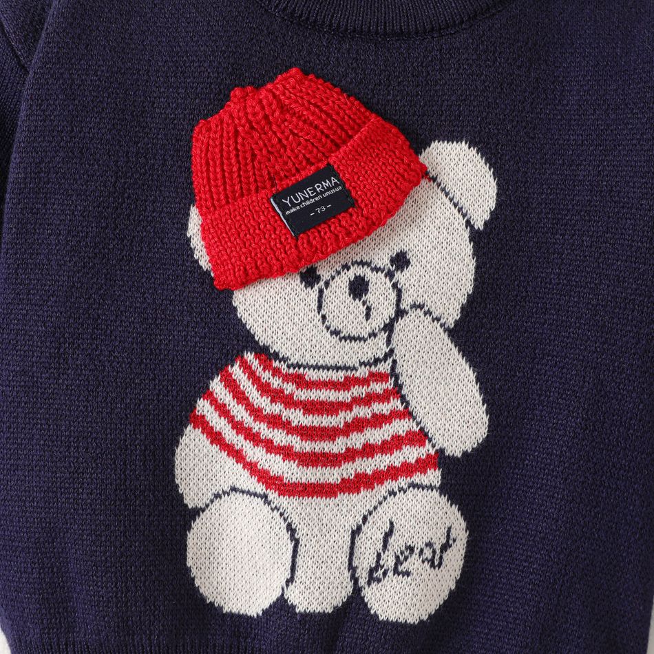 Baby Boy Bear Graphic 3D Hat Detail Long-sleeve Knitted Pullover Sweater Tibetanblue big image 4