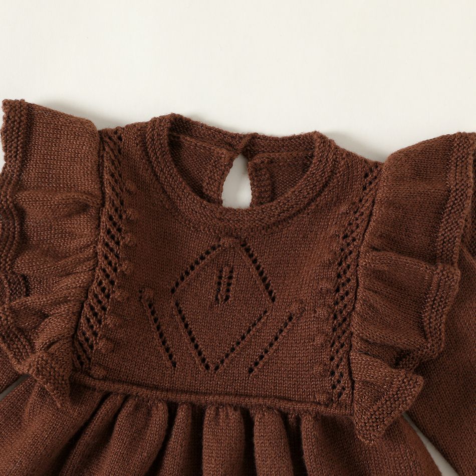 Baby Girl Brown Ruffle Trim Knitted Dress Brown big image 3