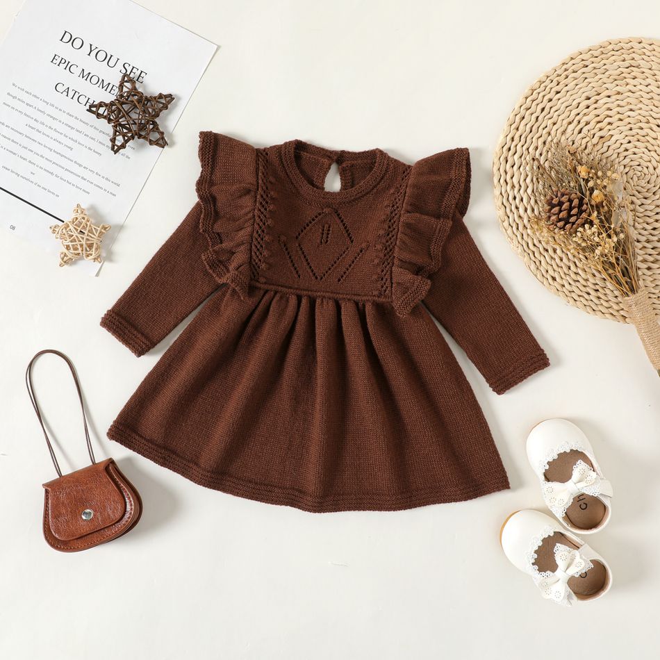 Baby Girl Brown Ruffle Trim Knitted Dress Brown big image 1