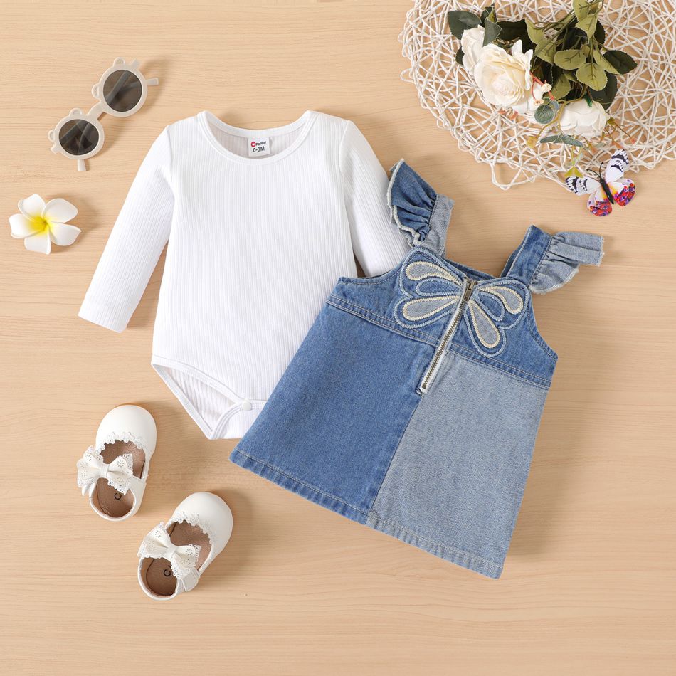 2pcs Baby Girl Dragonfly Embroidered Ruffle Trim Colorblock Denim Overall Dress and Long-sleeve Rib Knit Romper Set Blue big image 2
