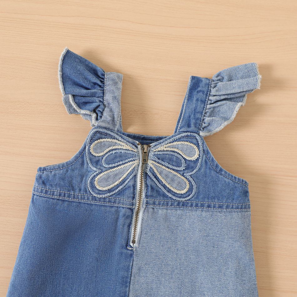 2pcs Baby Girl Dragonfly Embroidered Ruffle Trim Colorblock Denim Overall Dress and Long-sleeve Rib Knit Romper Set Blue big image 4