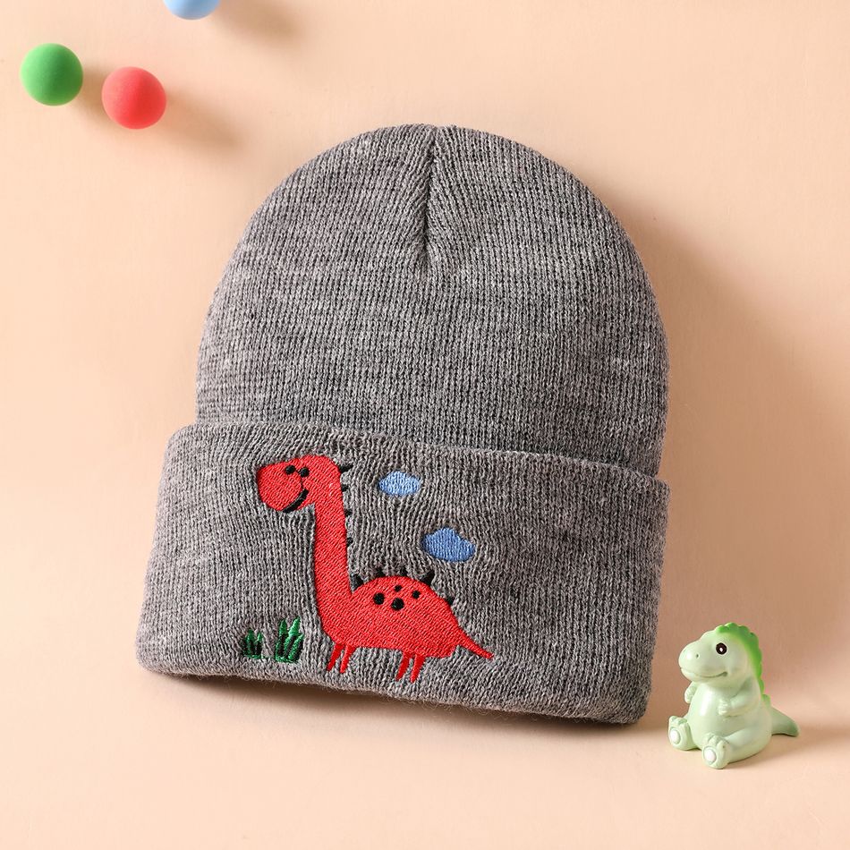 Baby Cartoon Dinosaur Embroidered Beanie Hat Grey big image 5