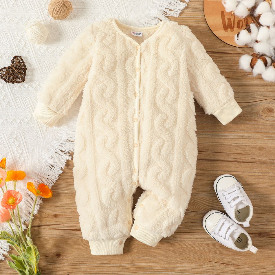 Baby Boy/Girl Thermal Fuzzy Long-sleeve Button Front Jumpsuit Creamcolored