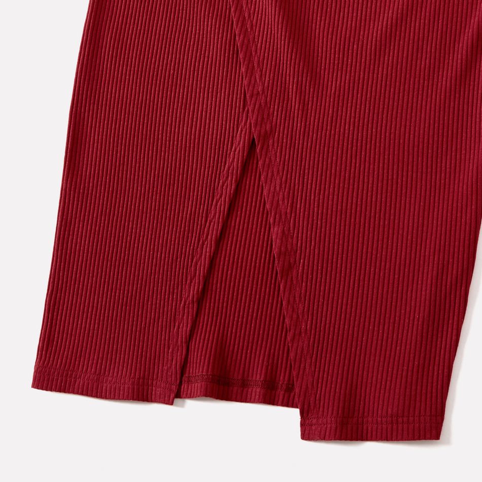 Family Matching Solid Rib Knit V Neck Twist Knot Split Bodycon Dresses and Raglan-sleeve T-shirts Sets MAROON big image 5