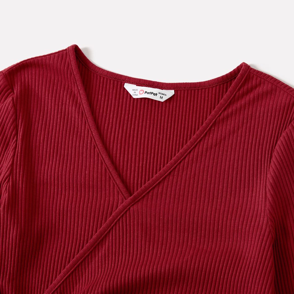 Family Matching Solid Rib Knit V Neck Twist Knot Split Bodycon Dresses and Raglan-sleeve T-shirts Sets MAROON big image 3
