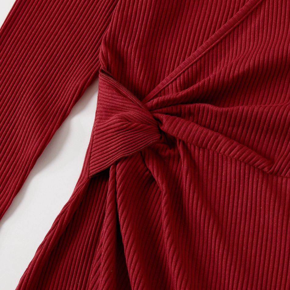 Family Matching Solid Rib Knit V Neck Twist Knot Split Bodycon Dresses and Raglan-sleeve T-shirts Sets MAROON big image 4