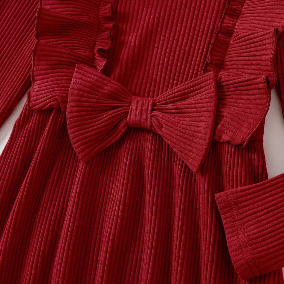 Family Matching Solid Rib Knit V Neck Twist Knot Split Bodycon Dresses and Raglan-sleeve T-shirts Sets MAROON big image 7