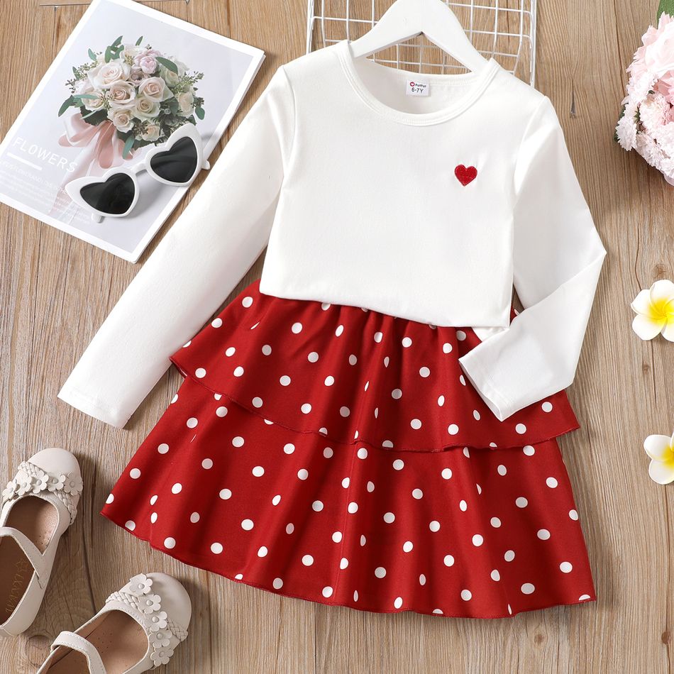 2pcs Kid Girl Heart Embroidered White Tee and Polka dots Layered Skirt Set White big image 2