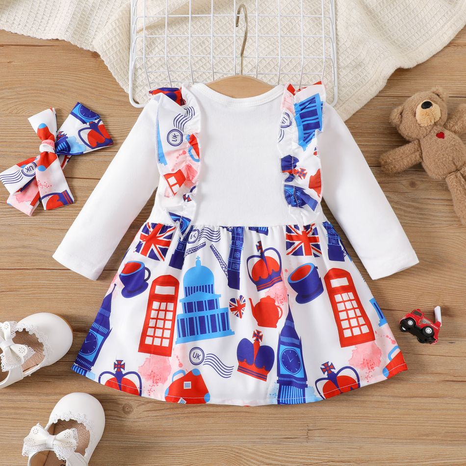 2pcs Baby Girl 95% Cotton Long-sleeve Fuzzy Bear Spliced Allover Ruffle Trim Dress with Headband Set White big image 2