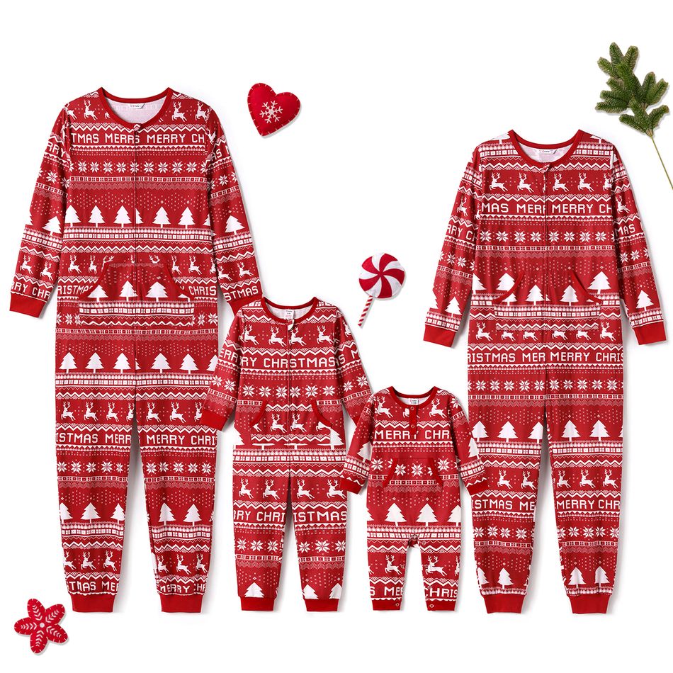 Christmas Family Matching Allover Red Print Long-sleeve Zipper Onesies Pajamas (Flame Resistant) Burgundy big image 1