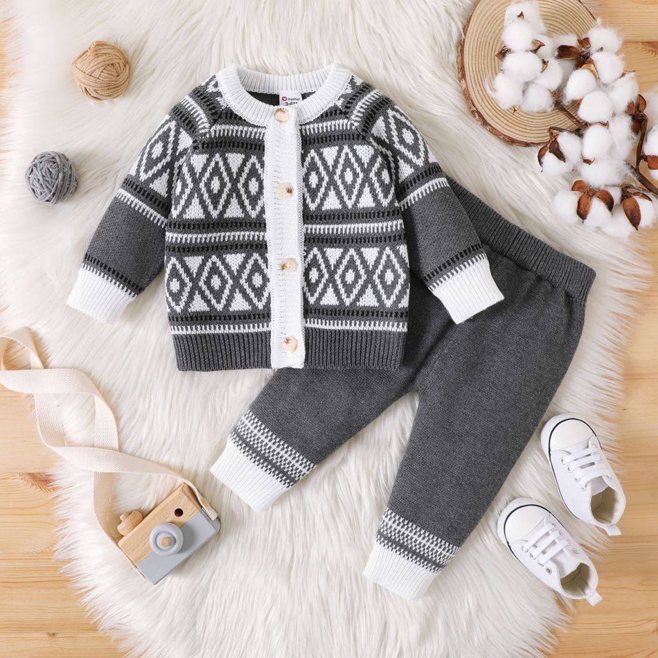 2pcs Baby Boy/Girl Allover Argyle Pattern Grey Long-sleeve Button Knitted Sweater and Pants Set Grey big image 1
