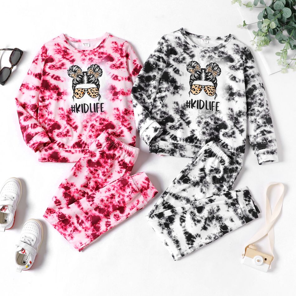 2pcs Kid Girl Tie Dyed Character Print Sweatshirt and Pants Set Grey big image 2