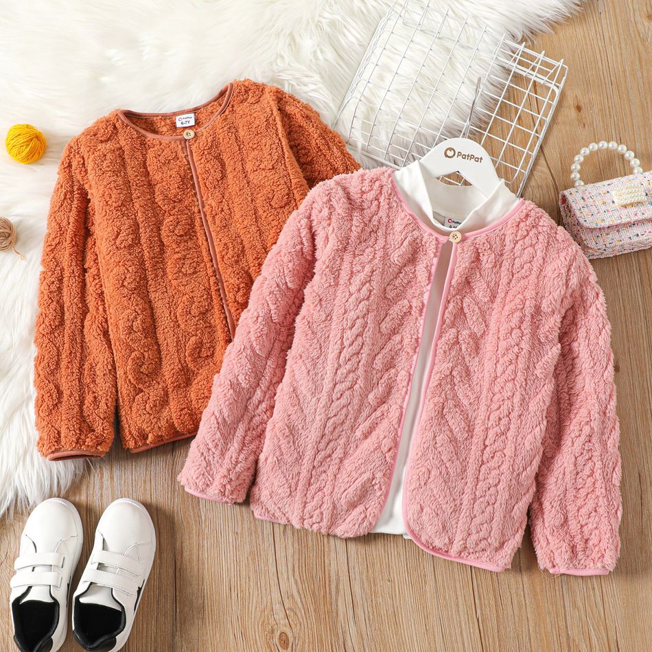 Kid Girl Solid Color Button Design Fleece Coat Pink big image 2