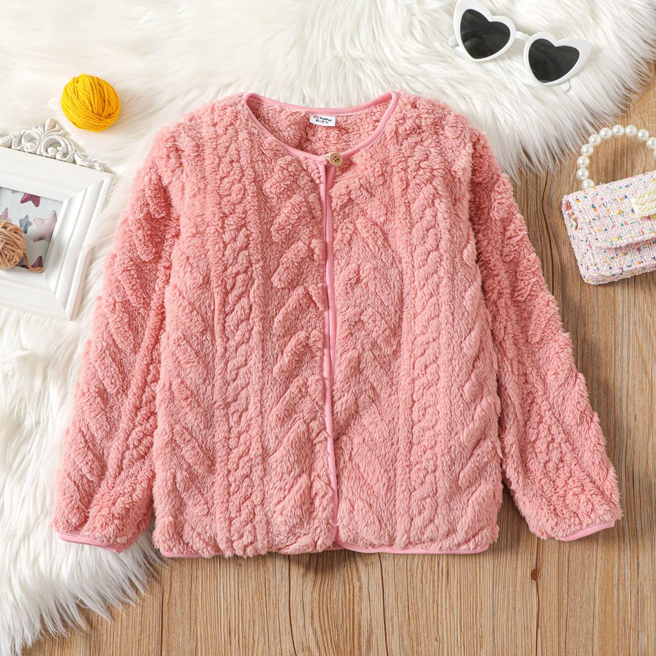 Kid Girl Solid Color Button Design Fleece Coat Pink
