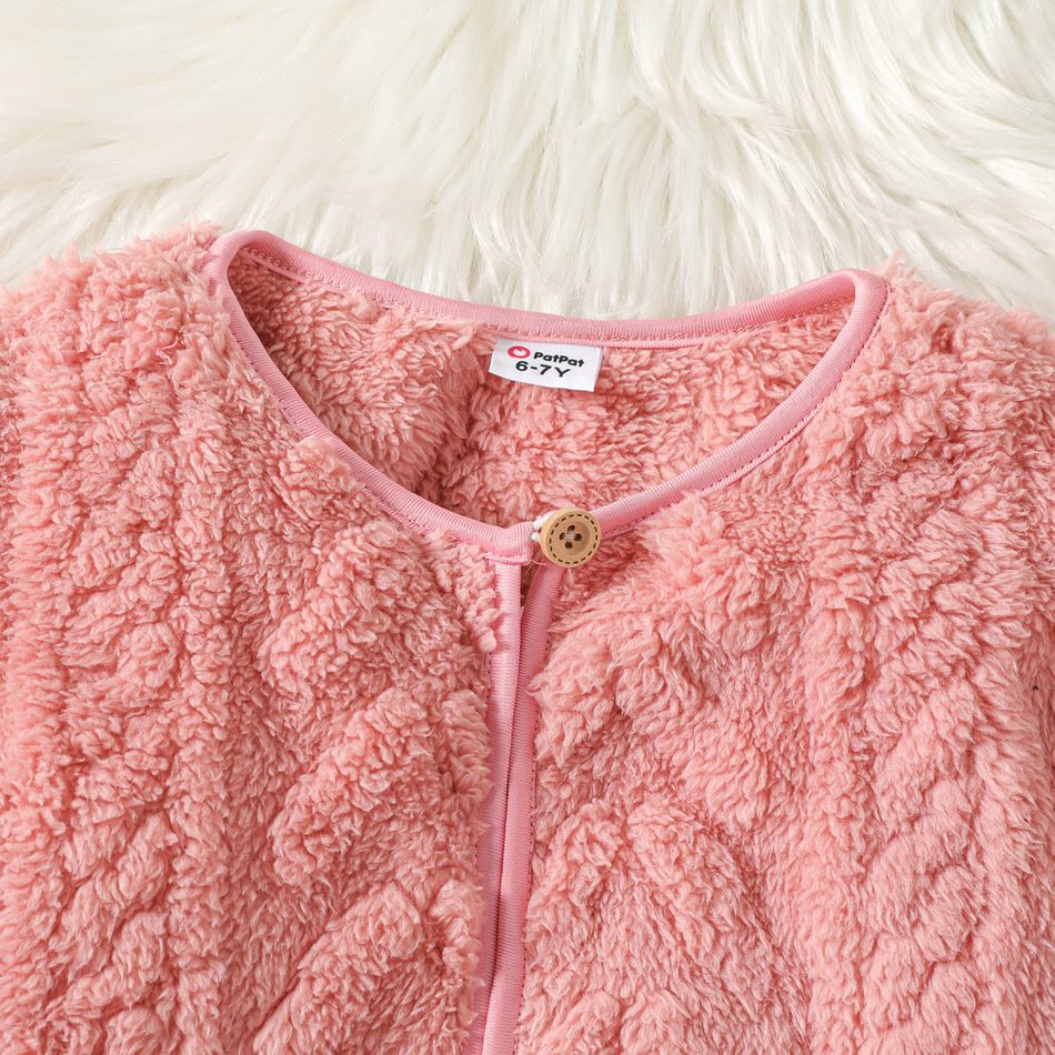 Kid Girl Solid Color Button Design Fleece Coat Pink big image 3