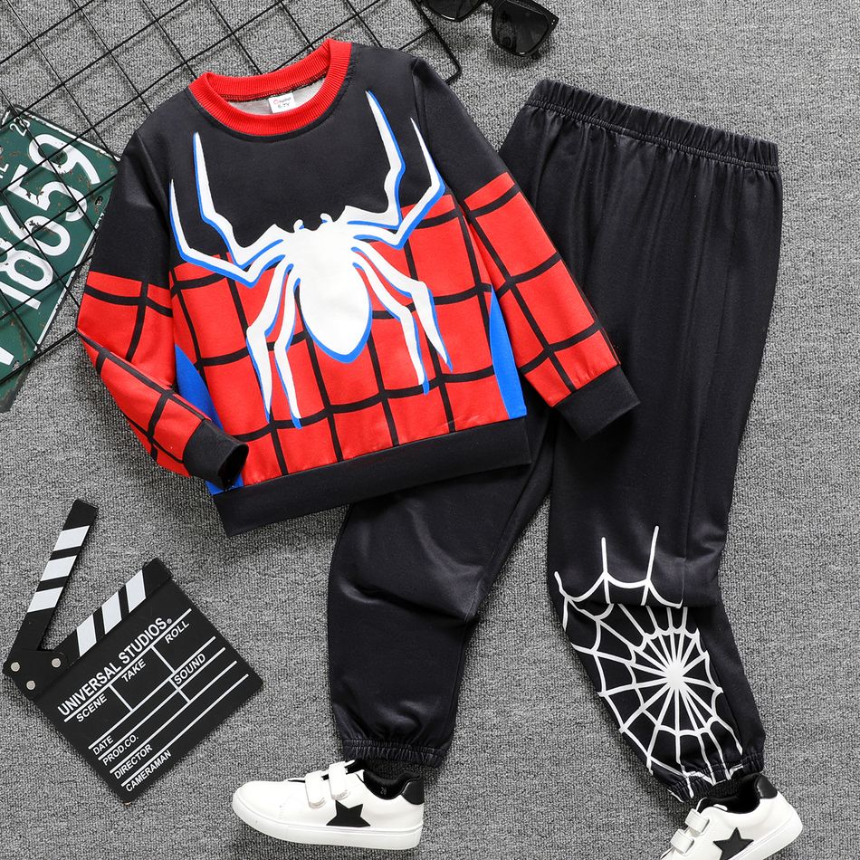 2pcs Kid Boy Spider Print Colorblock Sweatshirt and Black Pants Set Black