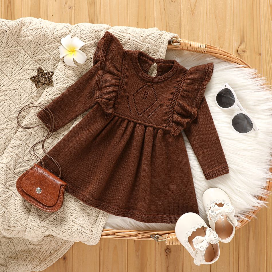 Baby Girl Brown Ruffle Trim Knitted Dress Brown