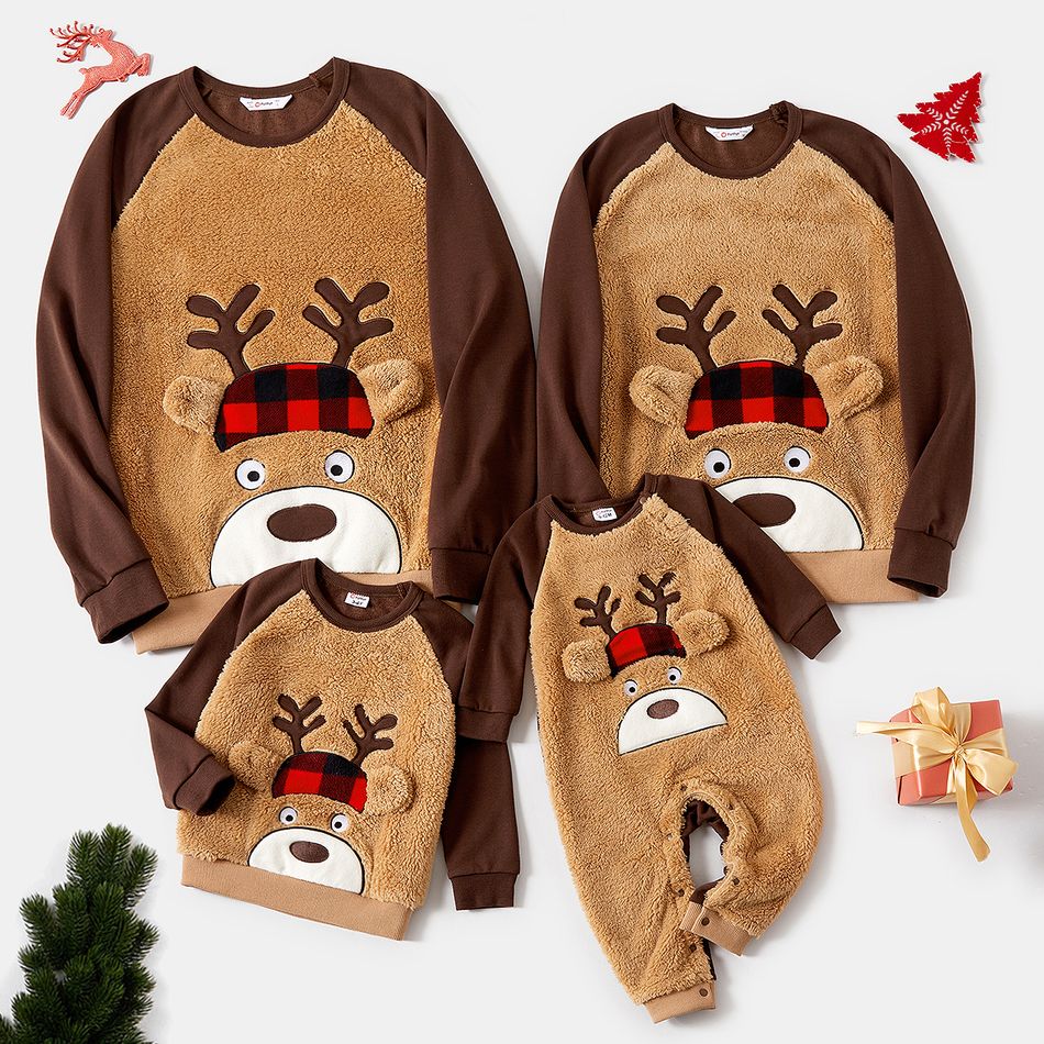 Christmas Family Matching Reindeer Graphic Raglan-sleeve Polar Fleece Sweatshirts Rustybrown