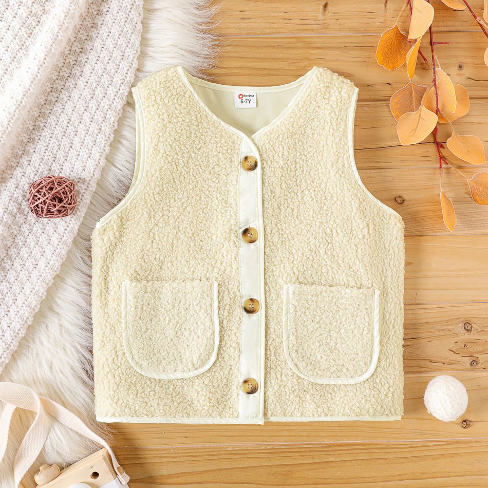 Kid Girl Solid Color Fleece Button Design Vest Coat OffWhite