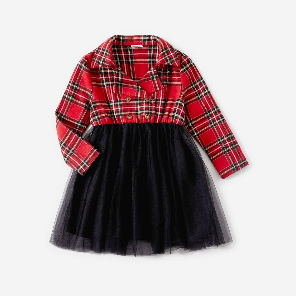 Christmas Red Plaid Lapel Collar Double Breasted Long-sleeve Dress for Mom and Me redblack big image 7