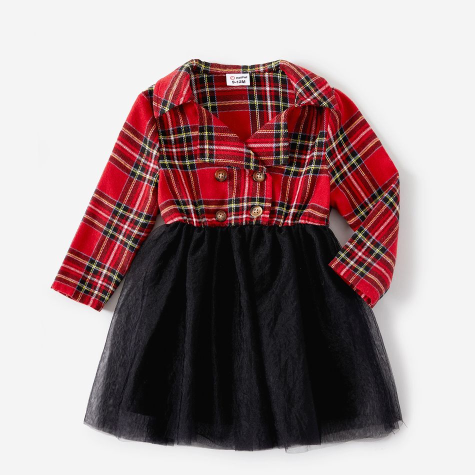 Christmas Red Plaid Lapel Collar Double Breasted Long-sleeve Dress for Mom and Me redblack big image 8