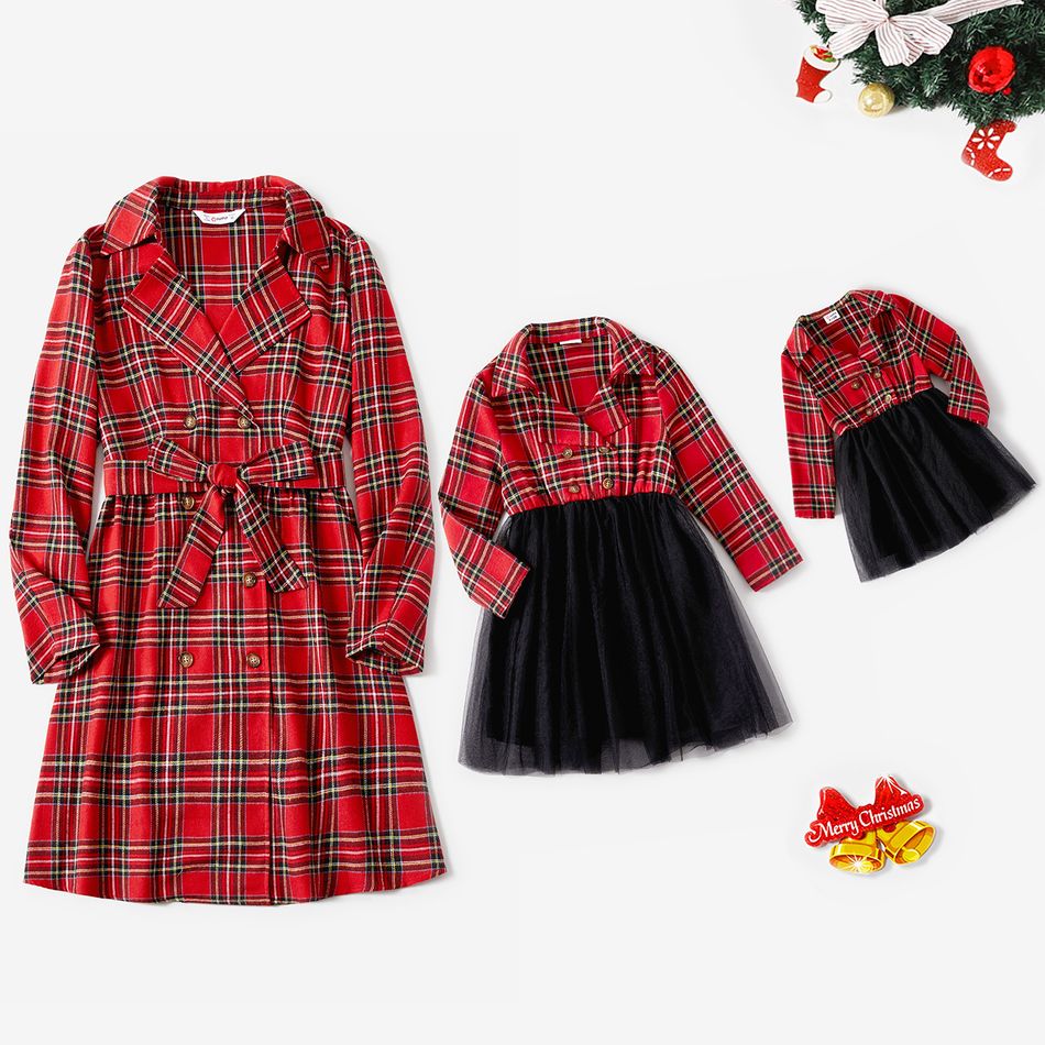 Christmas Red Plaid Lapel Collar Double Breasted Long-sleeve Dress for Mom and Me redblack big image 1