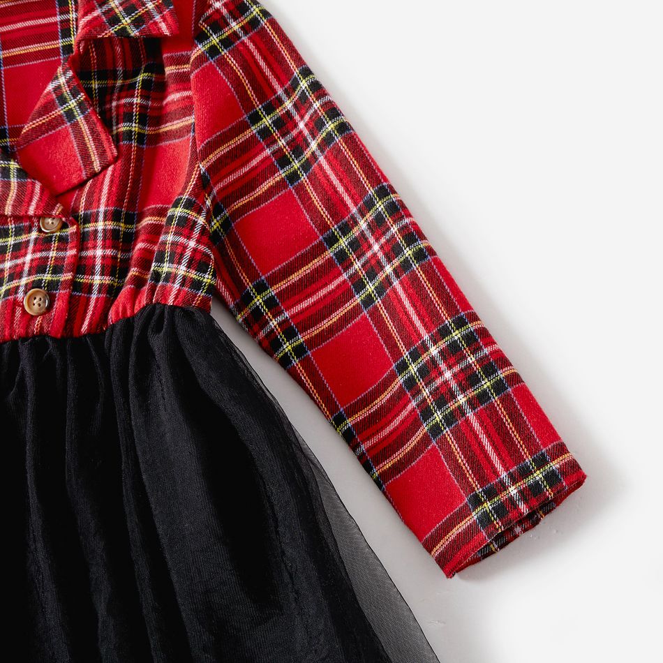 Christmas Red Plaid Lapel Collar Double Breasted Long-sleeve Dress for Mom and Me redblack big image 11