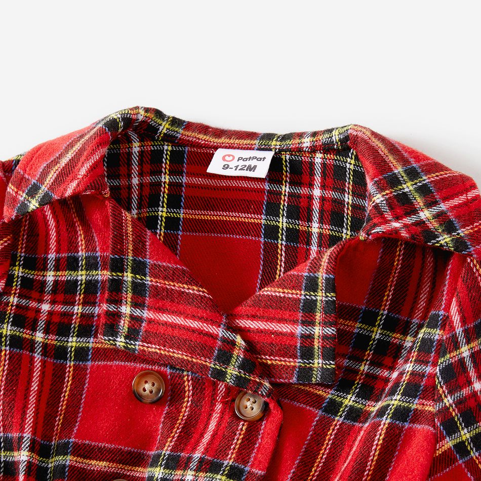 Christmas Red Plaid Lapel Collar Double Breasted Long-sleeve Dress for Mom and Me redblack big image 9