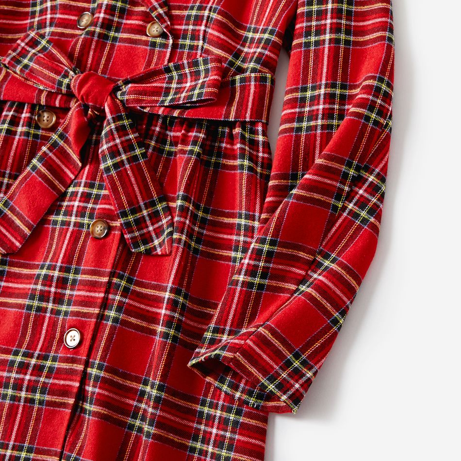 Christmas Red Plaid Lapel Collar Double Breasted Long-sleeve Dress for Mom and Me redblack big image 5