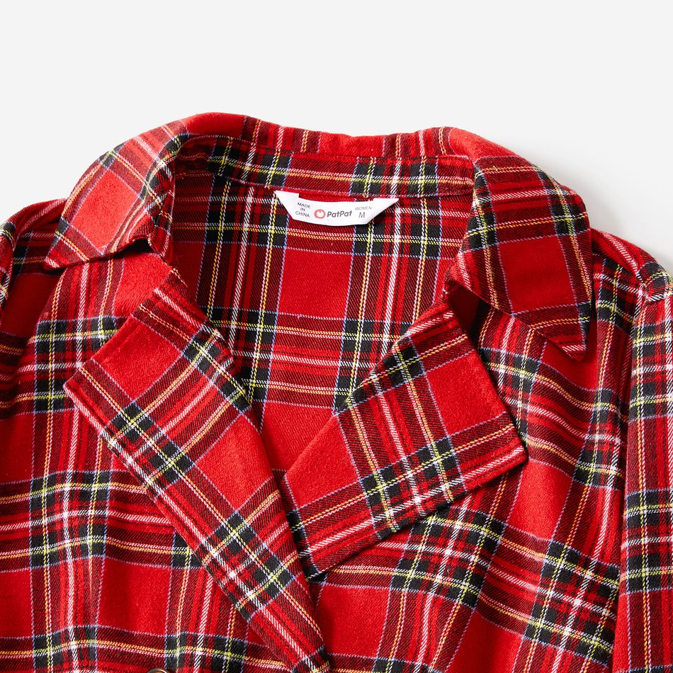 Christmas Red Plaid Lapel Collar Double Breasted Long-sleeve Dress for Mom and Me redblack big image 3