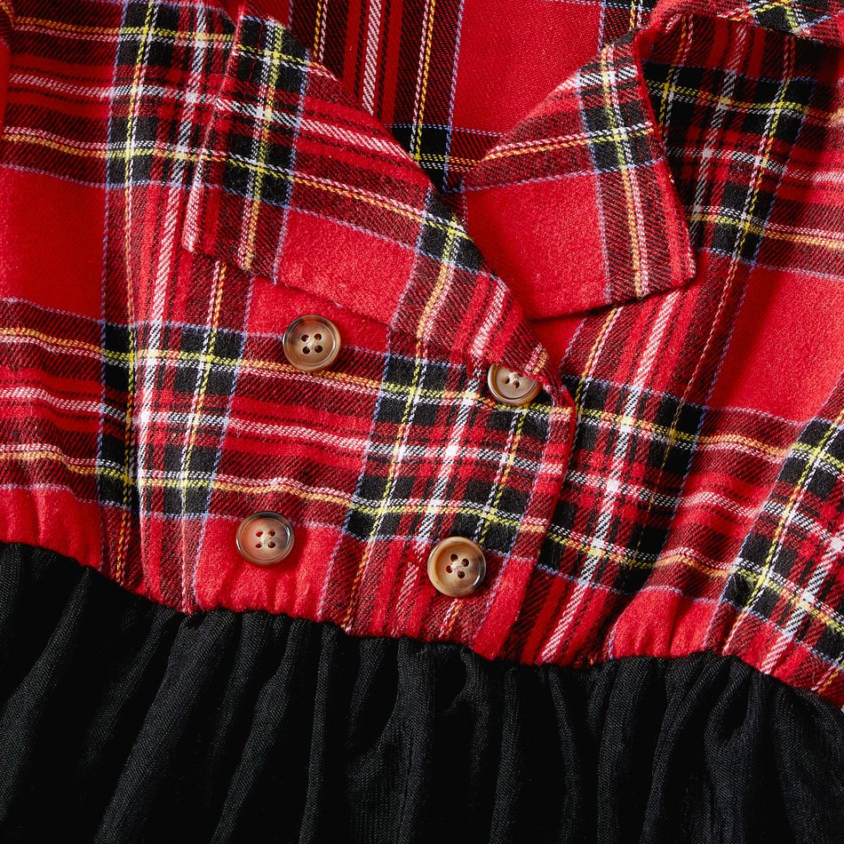 Christmas Red Plaid Lapel Collar Double Breasted Long-sleeve Dress for Mom and Me redblack big image 10