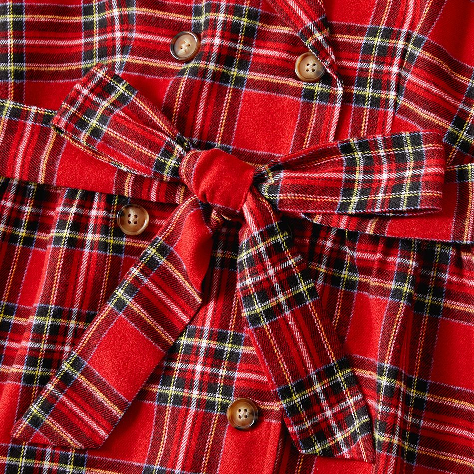 Christmas Red Plaid Lapel Collar Double Breasted Long-sleeve Dress for Mom and Me redblack big image 4