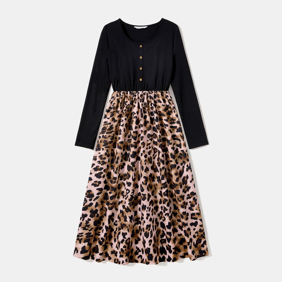 Mommy and Me Solid Spliced Leopard Print Button Front Long-sleeve Midi Dress ColorBlock big image 2