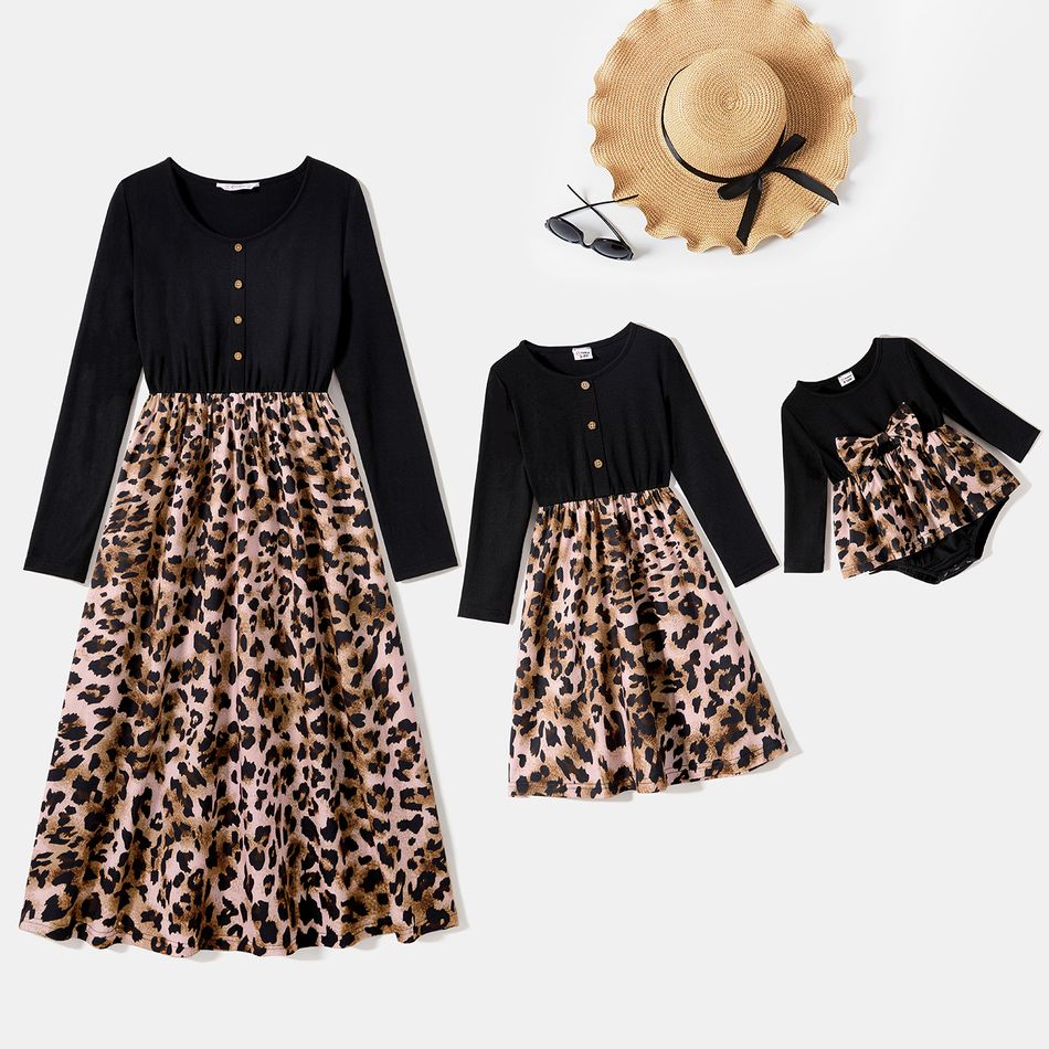 Mommy and Me Solid Spliced Leopard Print Button Front Long-sleeve Midi Dress ColorBlock big image 1