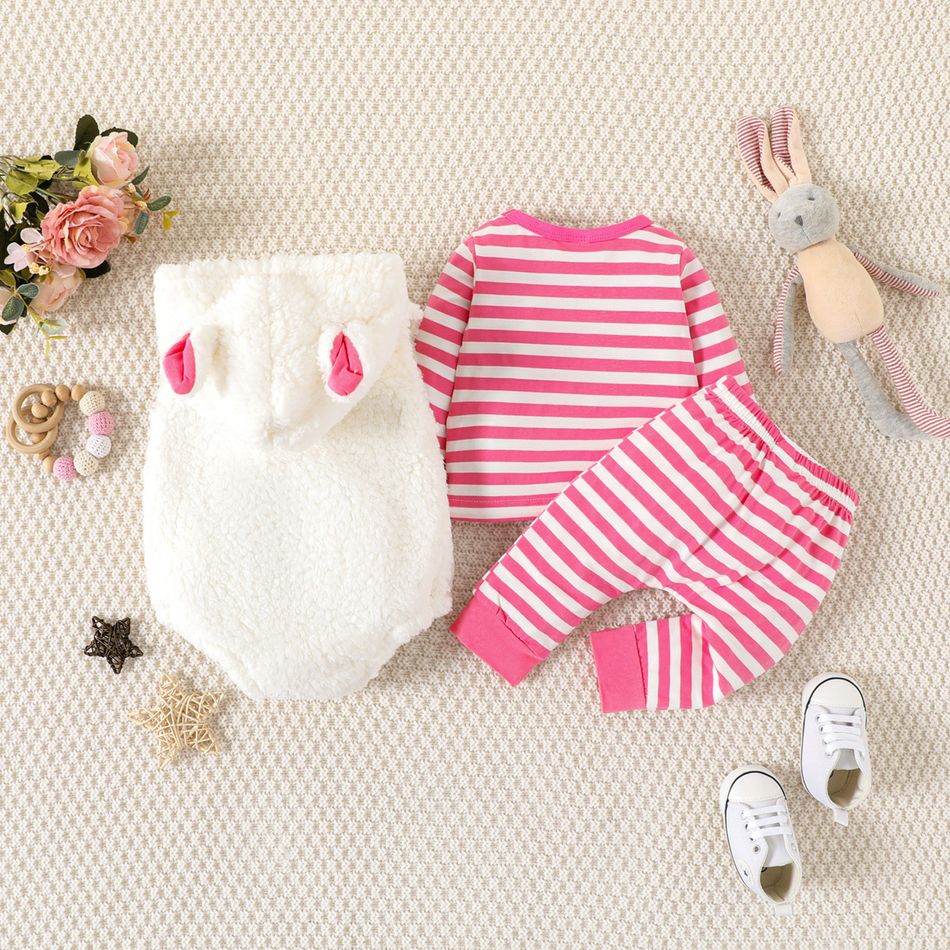 3pcs Baby Girl 3D Ears Fuzzy Fleece Sleeveless Romper and Striped Long-sleeve Set Rosy big image 3