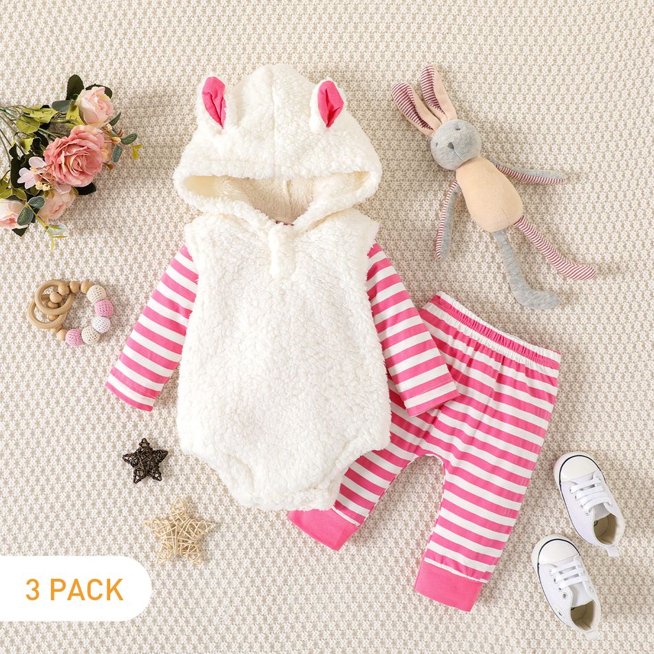 3pcs Baby Girl 3D Ears Fuzzy Fleece Sleeveless Romper and Striped Long-sleeve Set Rosy