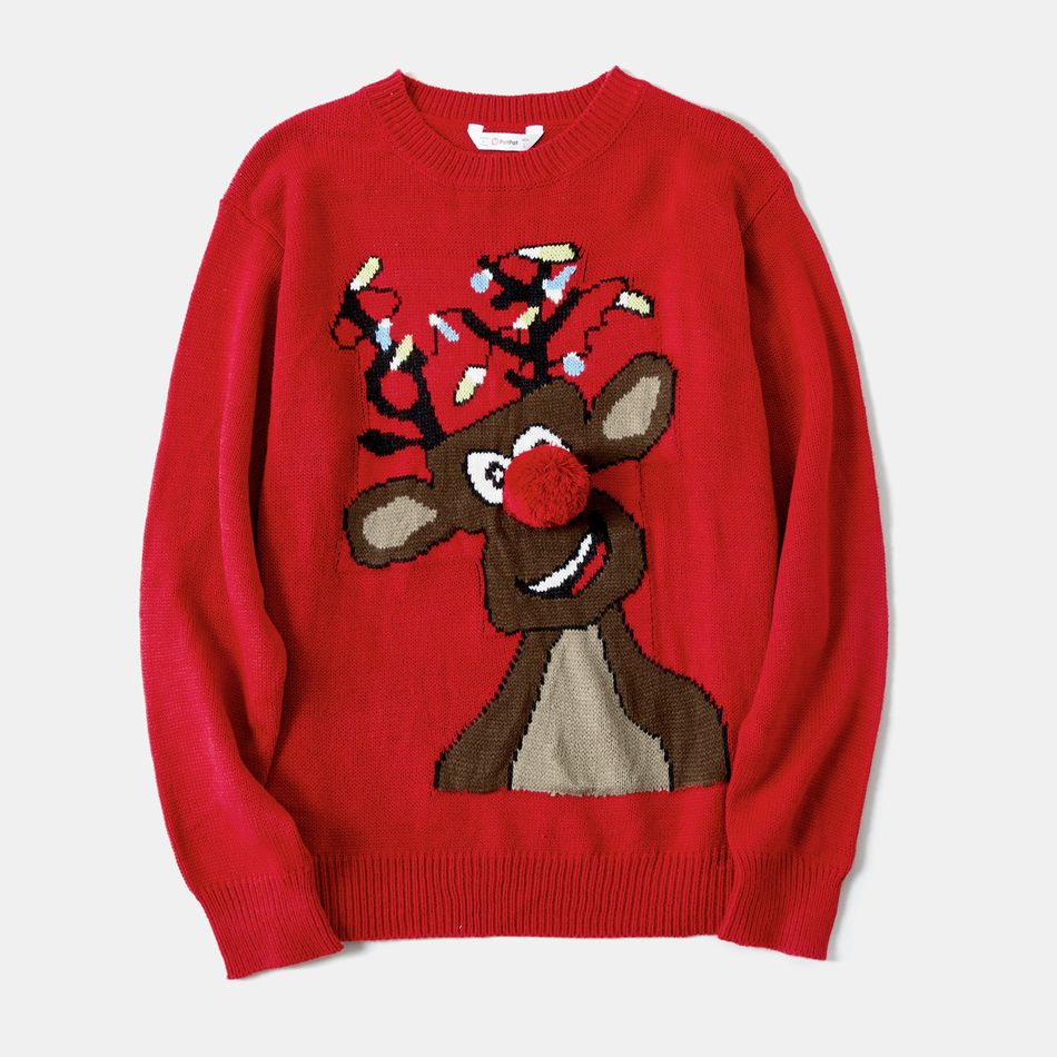 Christmas Family Matching Reindeer Graphic 3D Nose Detail Red Knitted Sweater Red big image 2
