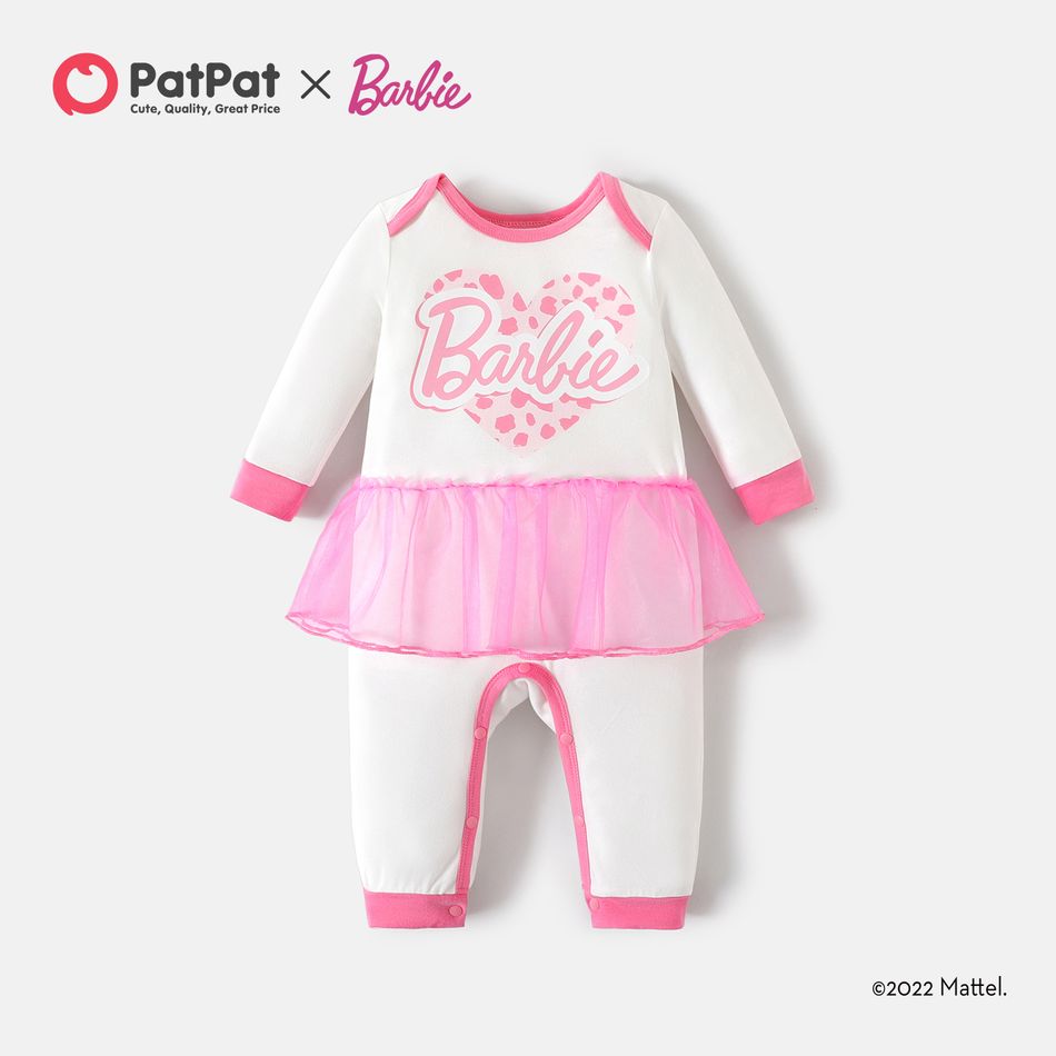 Barbie Baby Girl 100% Cotton Long-sleeve Letter Print Spliced Mesh Jumpsuit White