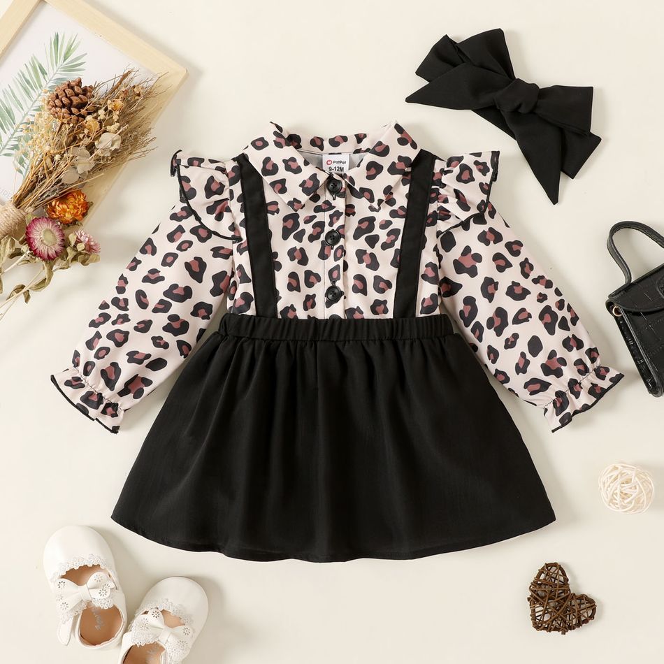 2pcs Baby Girl Leopard Print Ruffle Long-sleeve Spliced Black Faux-two Dress with Headband Set Black