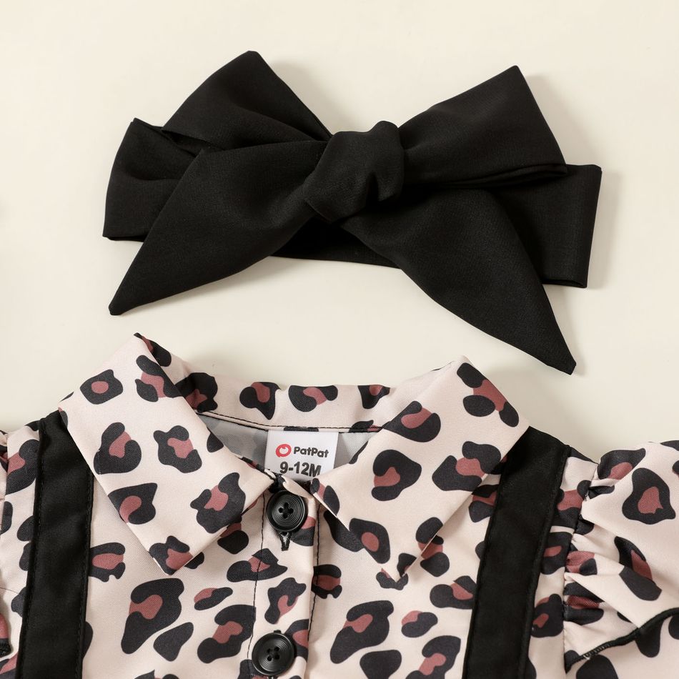 2pcs Baby Girl Leopard Print Ruffle Long-sleeve Spliced Black Faux-two Dress with Headband Set Black big image 3