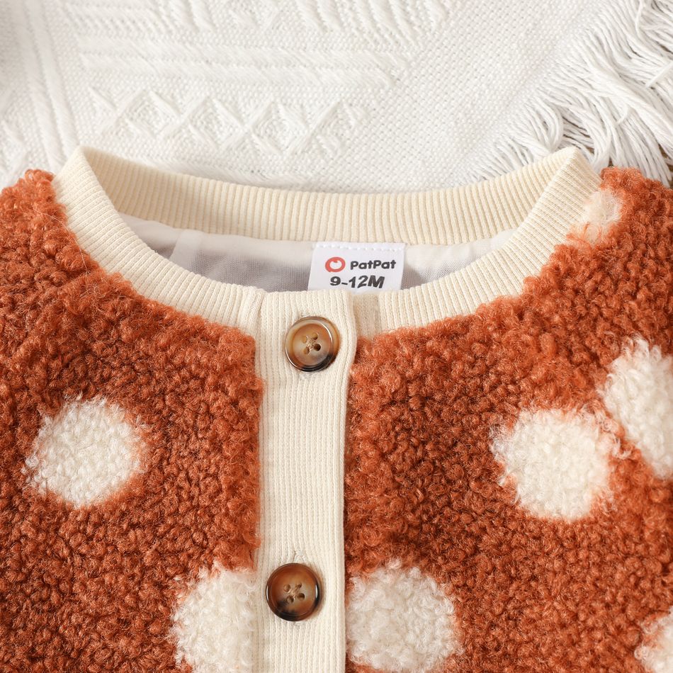 Baby Girl Button Front Allover Dots Sherpa Fleece Thermal Cardigan Coat Caramel big image 3