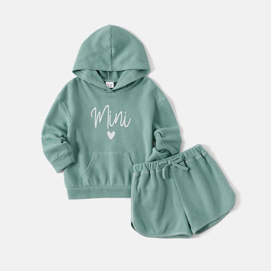 Mommy and Me Heart & Letter Embroidered Long-sleeve Waffle Hoodie with Knot Front Shorts Sets CIGARETTEASH big image 8