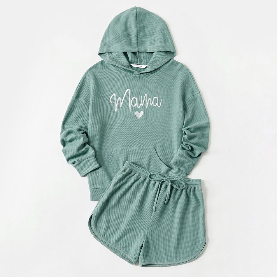 Mommy and Me Heart & Letter Embroidered Long-sleeve Waffle Hoodie with Knot Front Shorts Sets CIGARETTEASH big image 2